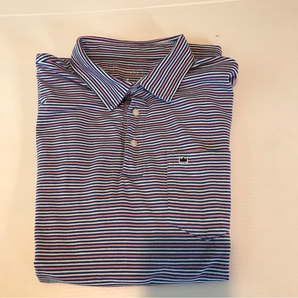 Crown & Ivy Short Sleeve Polo Shirt Pink Blue White Strip Medium